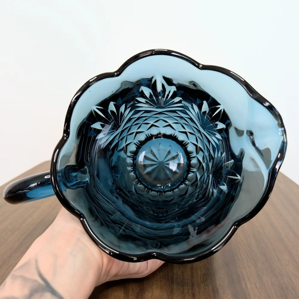Jeffrey Banks Dark Blue Cut Crystal Pitcher Scalloped Edges Shannon By Godinger